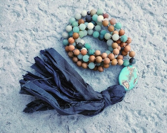 108 Mala Necklace • Beaded 8mm Matte Amazonite/Natural Wood Beads | Denim Tone Sari Silk Tassel •/Blue | Hand Knotted | Prayer Beads