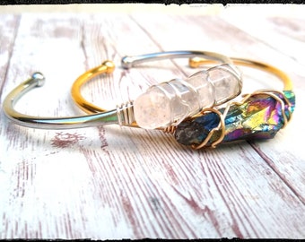 Crystal Bracelets • Quartz Crystal | Wire Wrapped Rainbow / Clear Quartz | Braceletsl | LARGE Stainless Bangle | Bohemian Bracelet | Gift
