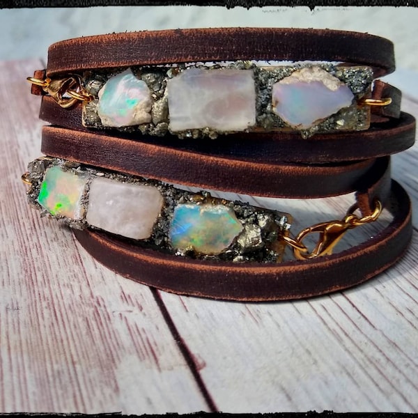 Raw Opal & Blue Fire Moonstone • Crushed Pyrite / Ethiopian Raw Opal / Leather Wrap  Bracelet | Distressed  Leather | Gold Accents | Boho