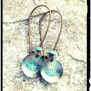 Lotus Earrings - Bronze & Turquoise - Long Kidney Wire//Wavy Disc//Hand Stamped Charms//Patina Charm - Boho/Gypsy/Hippie - Gift for Her