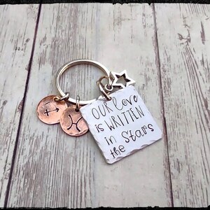 In the Stars • Zodiac Symbols//Hand Stamped Couples Keychain - Customize Phrase - Silver & Copper Friend/Couples Gift