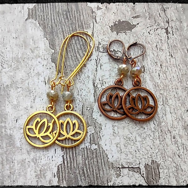 Golden Lotus • Copper Lotus • Long Dangle Earrings | Metal Lotus Flower | 1.5" Kidney Wire or Lever back Hook | Yoga/Meditation/Gift for Her