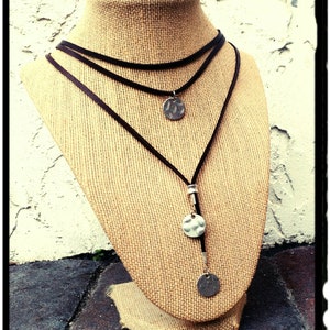 Suede & Silver Lariat Necklace • Geniune Suede Leather | Chocolate or Caramel Suede| Hammered Silver Discs | Boho/Hippie/Gypsy/