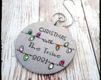 Christmas with the Tribe • Hand Stamped Aluminum Ornament | Family Birthstone | Christmas Lights | Swarovski Crystals | Holiday/GIFT/Tree