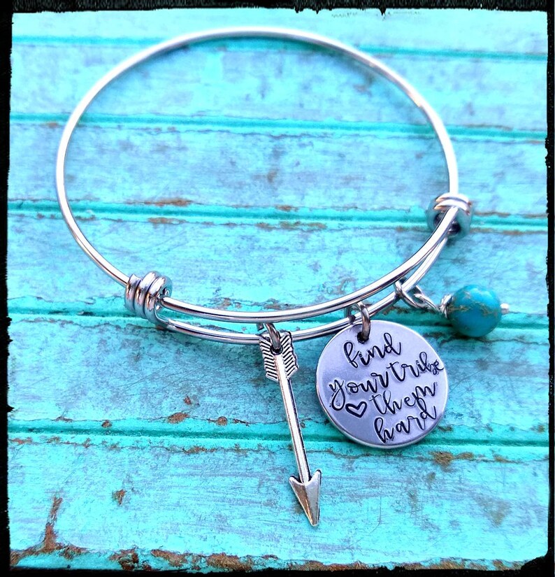 My Tribe Find Your Tribe Charm Bangle Hand Stamped Charm Arrowhead Feather Arrow Jasper Stone Family/Bridesmaid/Friend Gift image 5