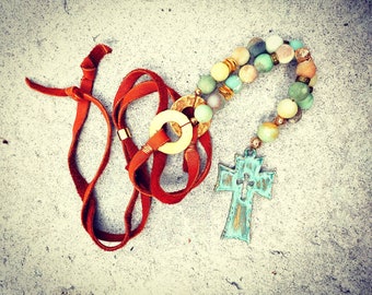 Turquoise Cross Necklace • Matte Stone Beads & Leather | Matte Amazonite / Golden Bronze Beads | Soft Leather | Christian Boho/Gift