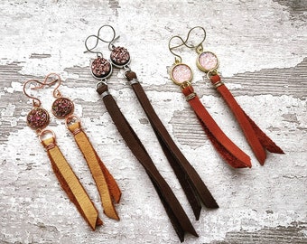 Long Leather & Druzy Earrings • Soft DeerSkin Leather | Resin Druzy | Gold/Silver/Copper | Choose Druzy Colors | Boho/Gypsy/Hippie/Gift