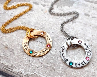 Circle Name Necklace • Hammered & Hand Stamped Silver or Gold Washer | Child/Spouse/Friend Names | Birthstone Jewelry | Unisex Necklace