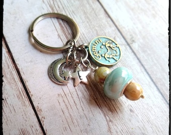 Zodiac Keychain: Bronze Sign, Initial Star, Ceramic Bead