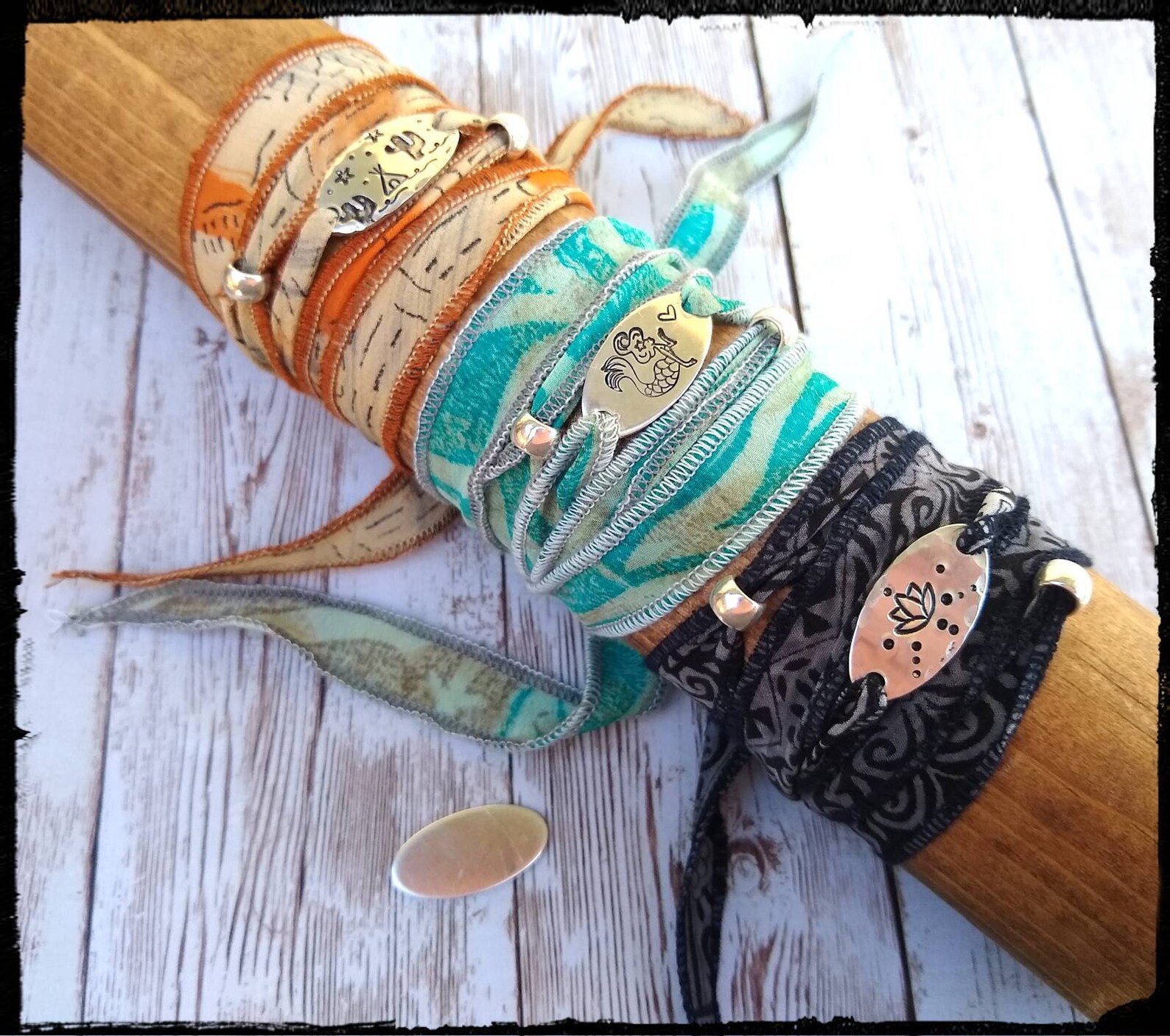 Ribbon Wrap Bracelets Silk Ribbon Hand Stamped Pewter Oval Etsy