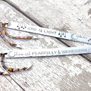 Scripture Bookmark • Hand Stamped Aluminium | God is Light or Fearfully & Wonderfully Made | Beaded Tassels | OOAK Religious gift