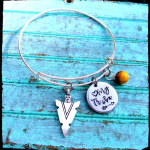 My Tribe Find Your Tribe Charm Bangle Hand Stamped Charm Arrowhead Feather Arrow Jasper Stone Family/Bridesmaid/Friend Gift image 4