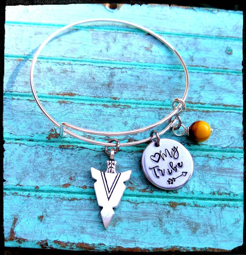 My Tribe Find Your Tribe Charm Bangle Hand Stamped Charm Arrowhead Feather Arrow Jasper Stone Family/Bridesmaid/Friend Gift image 4