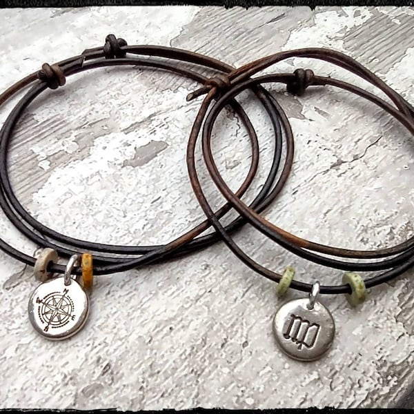 Pewter Compass • Zodiac Leather Choker/Necklace/Bracelet/Anklet | Adjustable | Hand Stamped Pewter Charm | Accent Beads • Unisex/His or Her