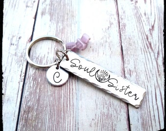 Soul Sister • Stamped Keychain | Initial Charm | Natural Birthsone Chip beads | Hand Stamped Aluminum | Crystal/Moon |Friend/Family Gift
