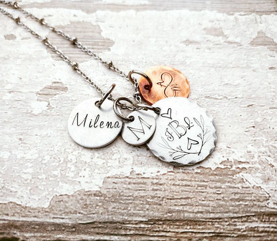 Monogram Charm Necklace Custom Disc Necklace Hand Stamped 