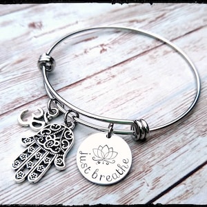 Just Breathe • Charm Bracelet • Stainless Steel |Hand Stamped Charm / Lotus Flower | Hamsa Hand | Om Symbol | Stone Bead | Stacking Bracelet