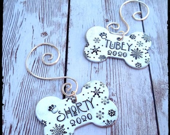 Pet Name Christmas Holiday Ornament • Hand Stamped Aluminum Dog Bone | Snowflakes/Paw print | Customize Your Own | Fur Mom/Dad Gift