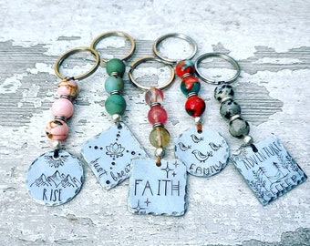 Beaded Charm Keychain | Hand Stamped Custom Aluminum Keychain | Natural Stone Beads | Phrase Keychain | Custom Friendship/Family Gift