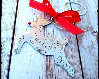 Reindeer Ornament • Family Name & Date Ornament | Hand Stamped Snowflakes | Custom Family Ornament | Red Swarovski Crystal | 2020