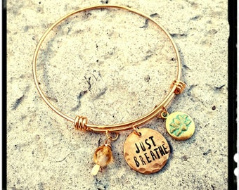 Just Breathe - Golden Stainless Bangle - Hand Stamped & Hammered Nugold Charm//Golden Turquoise Lotus Charm//Czech Bead - Gift for Her