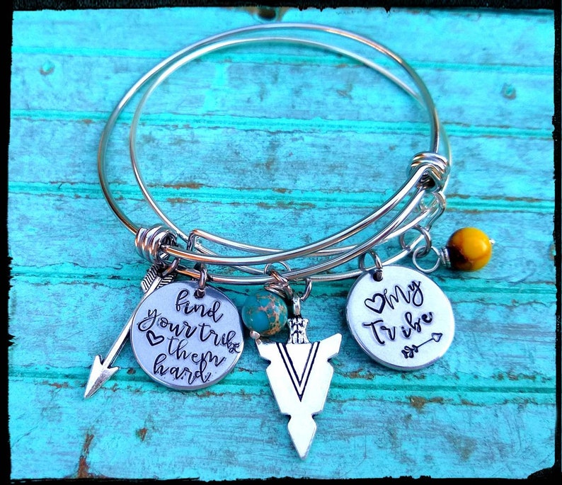 My Tribe Find Your Tribe Charm Bangle Hand Stamped Charm Arrowhead Feather Arrow Jasper Stone Family/Bridesmaid/Friend Gift image 2