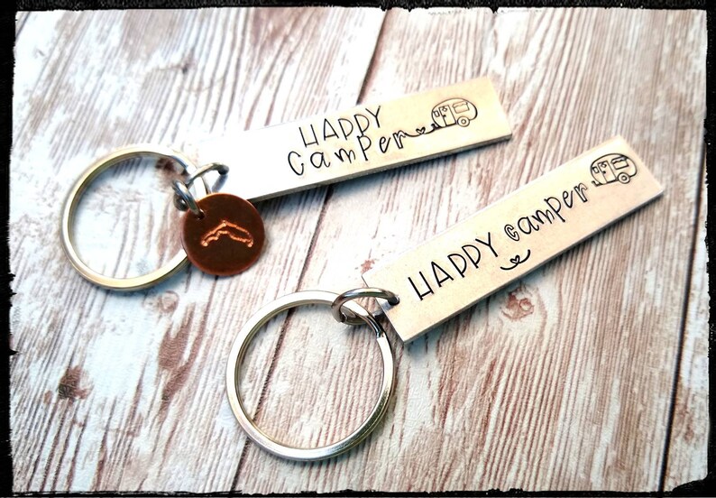 Custum keychain Gift Camper Gift OutdoorsCamping Vacation Gift Happy Camper Keychains \u2022 Hand Stamped Aluminum Couples Gift