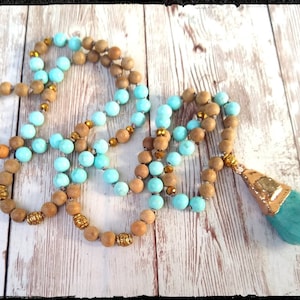 Bohemian Stone • Long Beaded Stone Necklace | Aqua Jade & Sandalwood | Blue Druzy Pendant | Gold Accents | Bohemian//Gypsy//Hippie