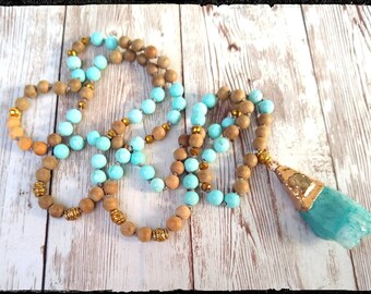 Bohemian Stone • Long Beaded Stone Necklace | Aqua Jade & Sandalwood | Blue Druzy Pendant | Gold Accents | Bohemian//Gypsy//Hippie