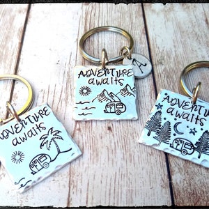 Adventure Awaits Keychain •  Hand Stamped Aluminum | Choose Theme | Camper/Mountains/Palm Tree/Evergreen | Outdoors/Camping | Keychain GIFT