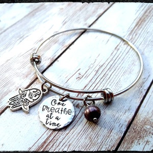 Yoga Charm Bracelet • Stainless Steel • Hand Stamped Charm / One Breath at a Time | Freshwater Pearl & Hamsa Hand Charm