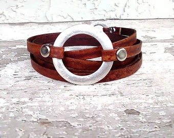 Infinity Circle Bracelet  • Leather Wrap | Hammered Silver Circle | Karma Wrap | Dark Brown | Boho Wrap | Minimalist Jewelry| His/Her Gift