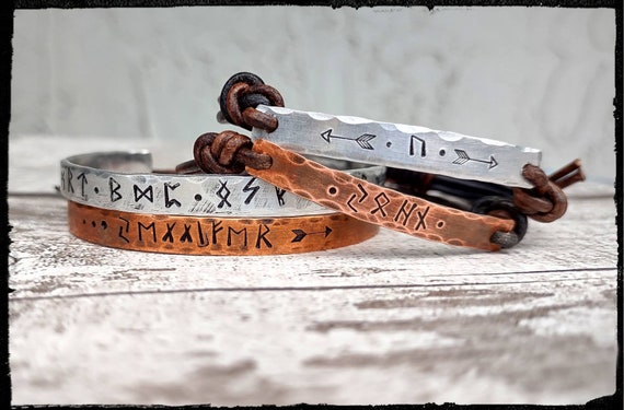 Runes Leather Hand Stamped Custom Rune Bracelet Create Your Own Design Adjustable Leather or Cuff Unisex copper aluminum Etsy
