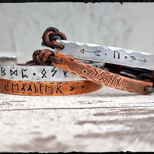 Runes & Leather or Rune Cuff • Hand Stamped Custom Rune Bracelet | Create Design | Adjustable Leather or Cuff | Unisex |Copper/Aluminum