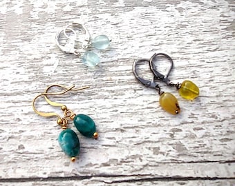 Natural Birthstone Earrings • Crystal Stone Birthstones | Gold / Silver / Gunmetal | Small Birthstone Dangle Earrings | Friend/Family Gift