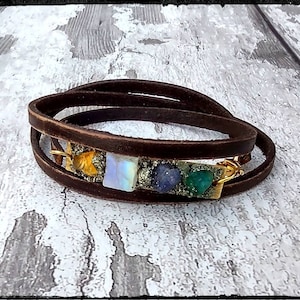 Raw Crystal Stones & Leather Birthstone Bracelet • Crushed Pyrite | Wrap Leather Bracelet | Distressed Brown Leather | Mom Bracelet | Bobo