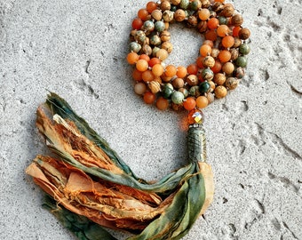 108 Mala Necklace • Matte Jasper /Aventurine | Sari Silk Tassel | Hand Knotted Nylon Cord | Painted Recycled Shell Casing|Prayer Beads/Yoga