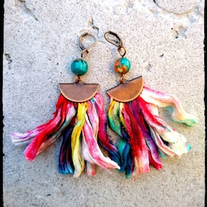 Sari Silk Tassel Earrings • Boho | Recycled Silk | Artist Palette | Rainbow Colorful Silk | Turquoise/Orange Beads |Copper Half Moon