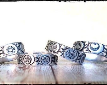 Boho Pattern Cuff Rings •  Customize/Personalize/Hammered | Heart/Sun/Moon/Custom Pattern Symbols | 1/4" Aluminum Ring | Gift for Him/Her