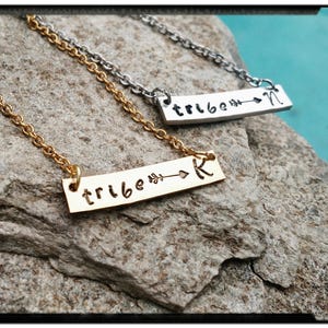 Tribe & Initial - Hand Stamped/Textured Silver Pewter/NuGold Bar Necklace - Friends//Family//Bridesmaid//Shower//Wedding//Party -My tribe