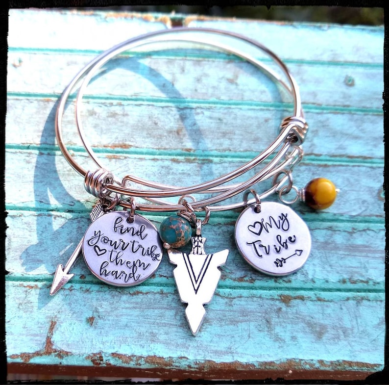 My Tribe Find Your Tribe Charm Bangle Hand Stamped Charm Arrowhead Feather Arrow Jasper Stone Family/Bridesmaid/Friend Gift image 7