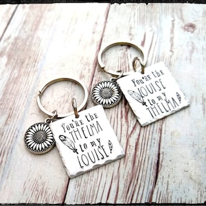 Thelma & Louise • Matching Keychain SET | Hand Stamped Aluminum | Sunflower Charm / Feather | Friend Keychain Set | Gift Set