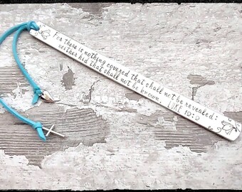 Hand Stamped Aluminum Scripture Bookmark: Personalized Baptism Gift
