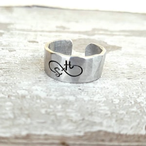 Infinity Initial Ring • Hand Stamped Aluminum Cuff Ring | Smooth or Hammered | Custom Letters | Thick Ring | His/Her | Couples Ring