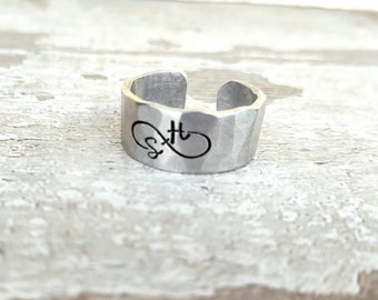 Infinity Initial Ring • Hand Stamped Aluminum Cuff Ring | Smooth or Hammered | Custom Letters | Thick Ring | His/Her | Couples Ring