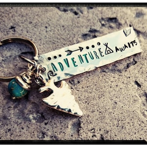 Adventure Awaits • Nature Keychain •  Hand Stamped Pewter | Jasper Stone | Turquoise/Gold/Silver/Aqua Enamel | Outdoors Keychain | GIFT
