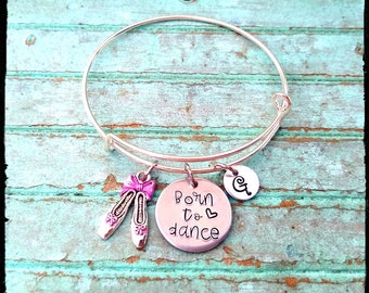 Born to Dance • Hand Stamped Youth/Toddler Charm Bangle • Stainless Steel or Silver Plated | Ballerina Shoes pink/Silver Initial/Dancer Gift
