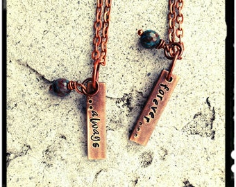 Couples Necklace - Aged Copper Bar//Hand Stamped//Always/Forever - Names//Initials//Customize - 1" Vertical Bar//Blue Solidite- His & Her