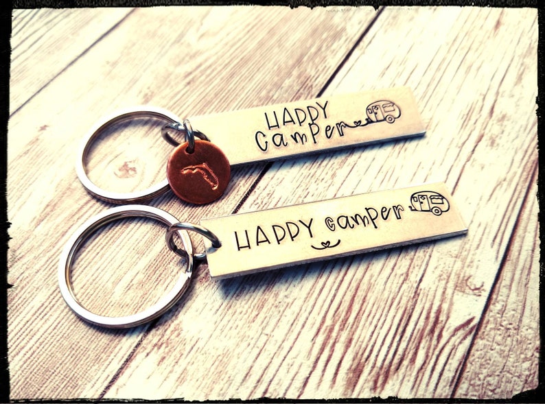 Custum keychain Gift Camper Gift OutdoorsCamping Vacation Gift Happy Camper Keychains \u2022 Hand Stamped Aluminum Couples Gift
