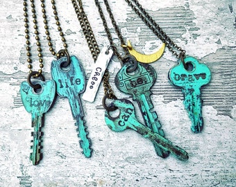 Vintage Turquoise Patina Key Charm Necklace • Hand Stamped Word | Pewter Name Tag | Gold Moon Charm | Bead/Link Chain | Real Keys | Custom